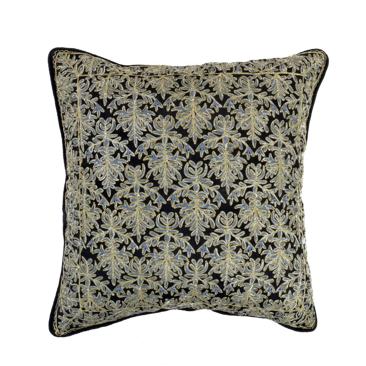 Cream dupion silk cushion cover worked all over with a black zari trellis and black piping