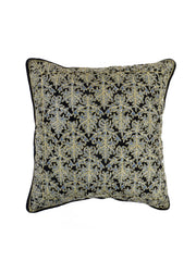 Cream dupion silk cushion cover worked all over with a black zari trellis and black piping