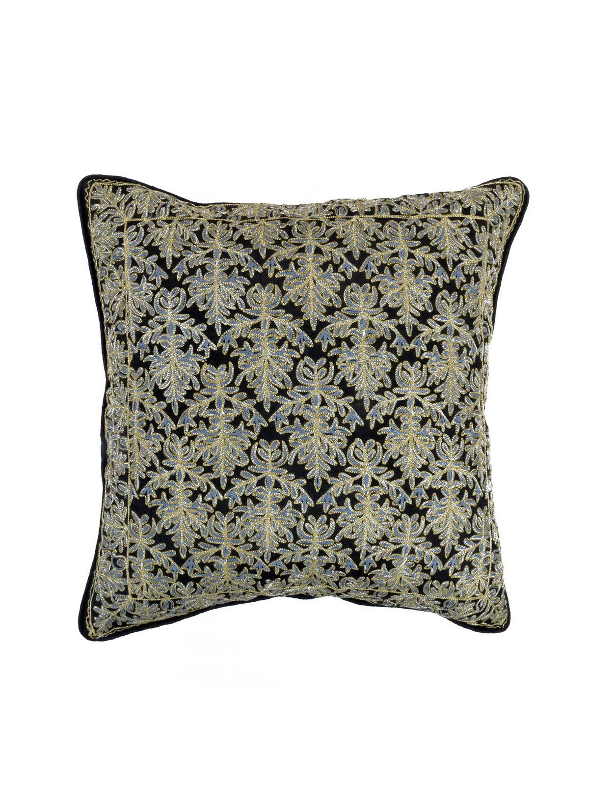 Cream dupion silk cushion cover worked all over with a black zari trellis and black piping
