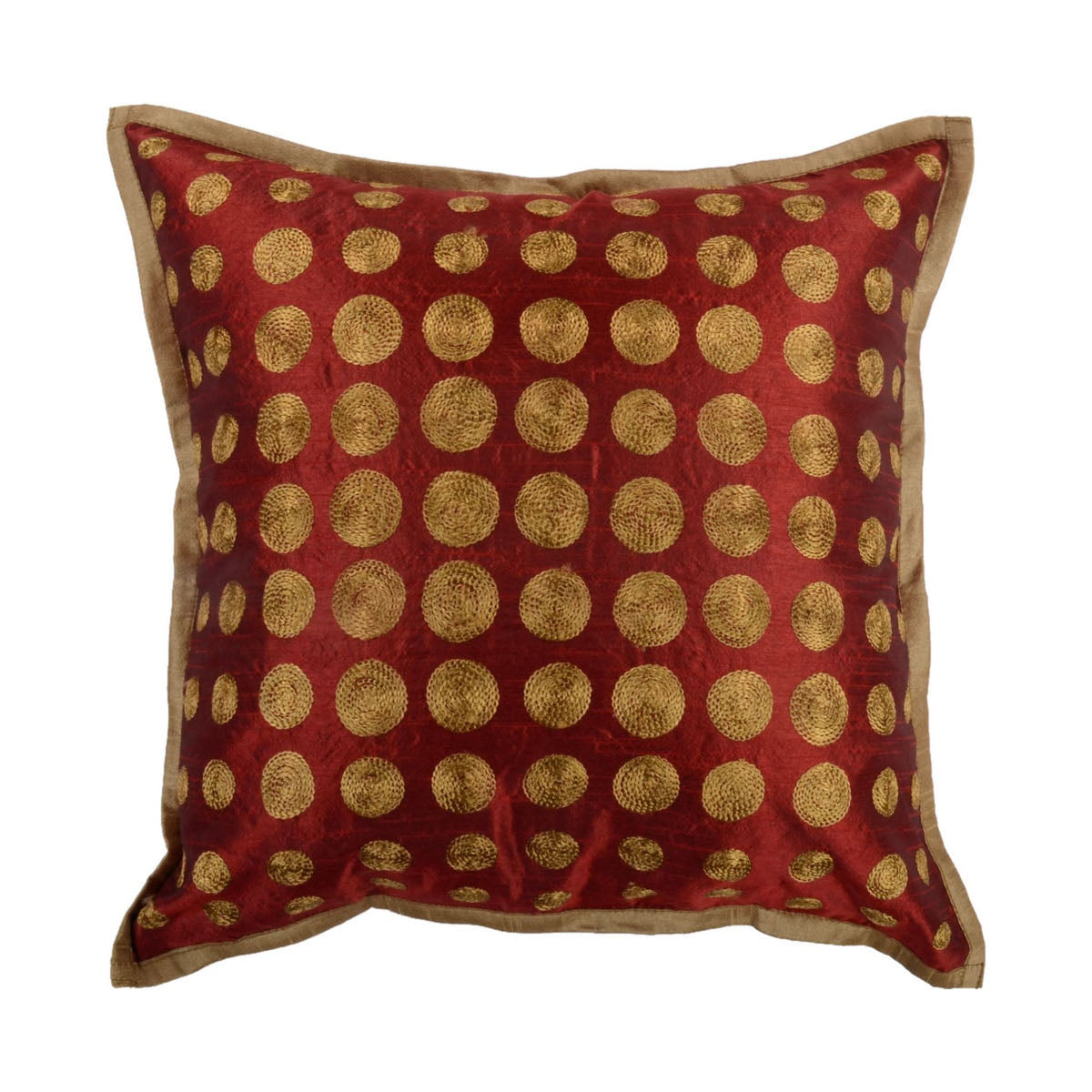Maroon dupion silk cushion cover with rows of gold circular medallions and a gold border