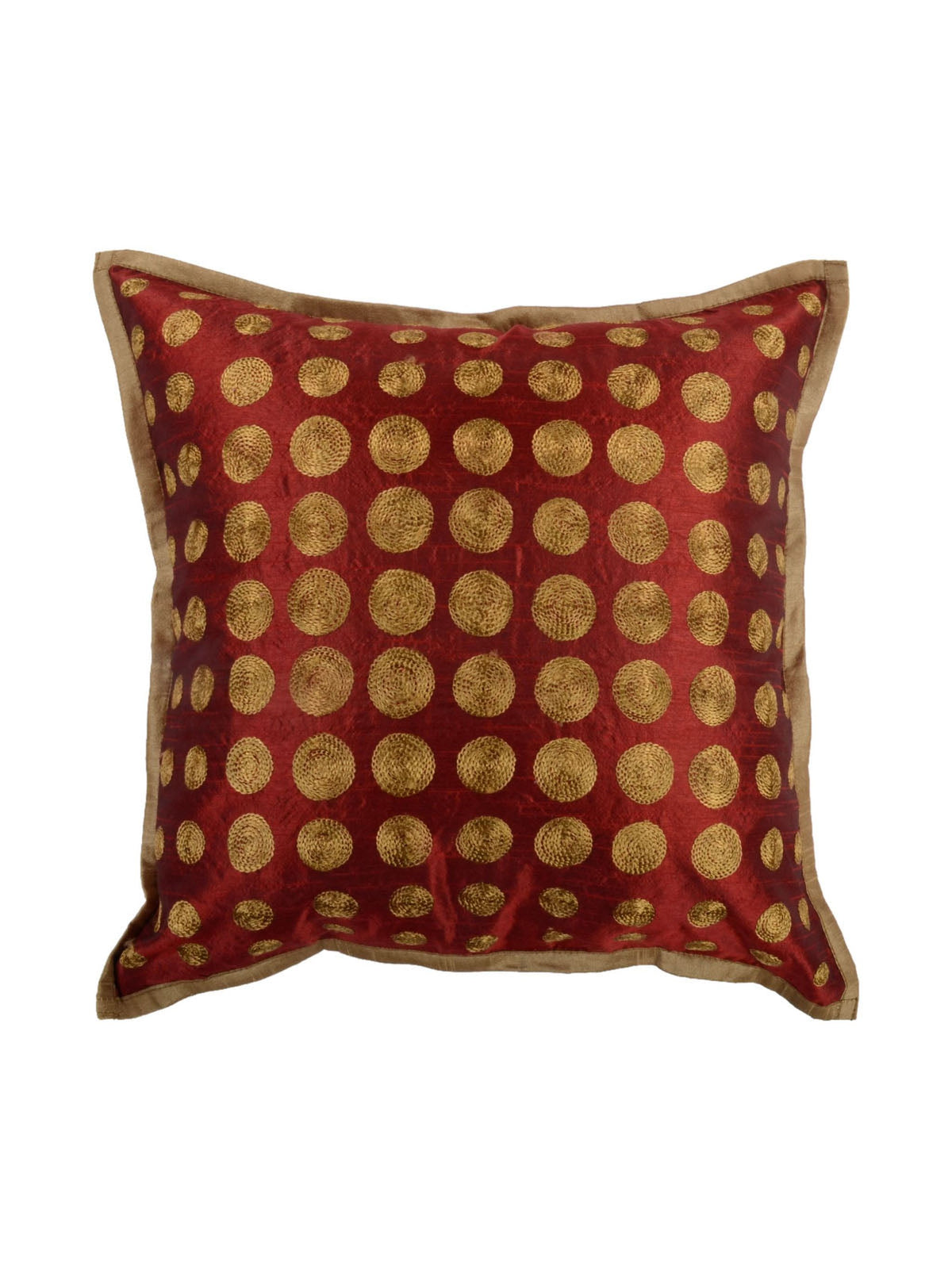 Maroon dupion silk cushion cover with rows of gold circular medallions and a gold border