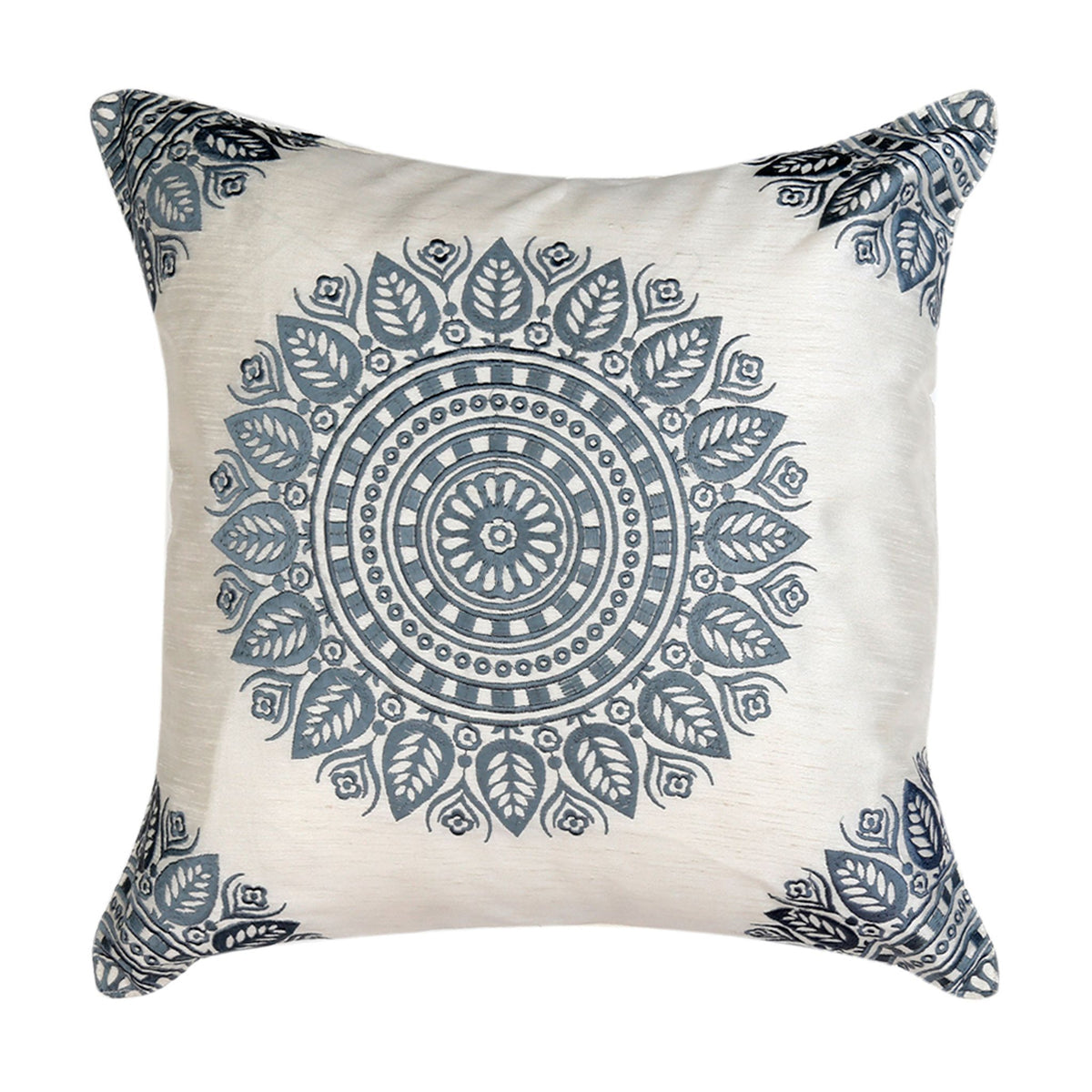 Ivory silk cushion cover with a large blue grey mandala and matching corner motifs