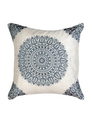Ivory silk cushion cover with a large blue grey mandala and matching corner motifs