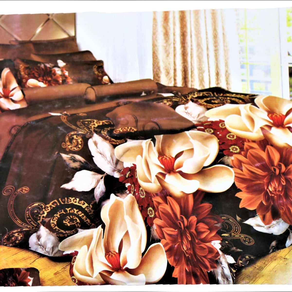 Dark brown cotton duvet cover with a magnolia and dahlia floral print