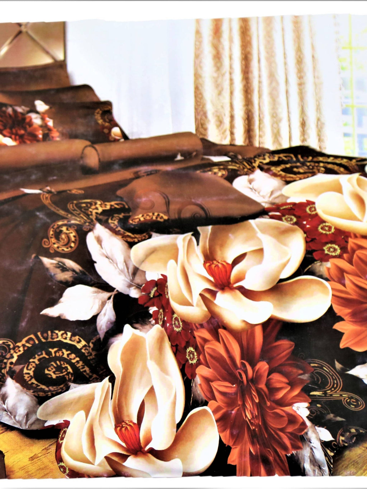 Dark brown cotton duvet cover with a magnolia and dahlia floral print