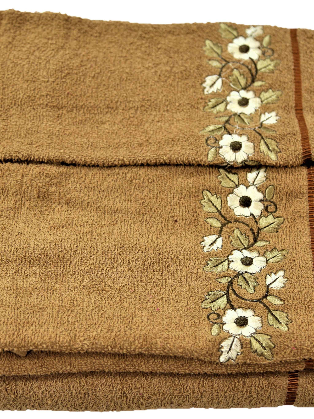 Camel cotton towel set with a white floral vine embroidery border