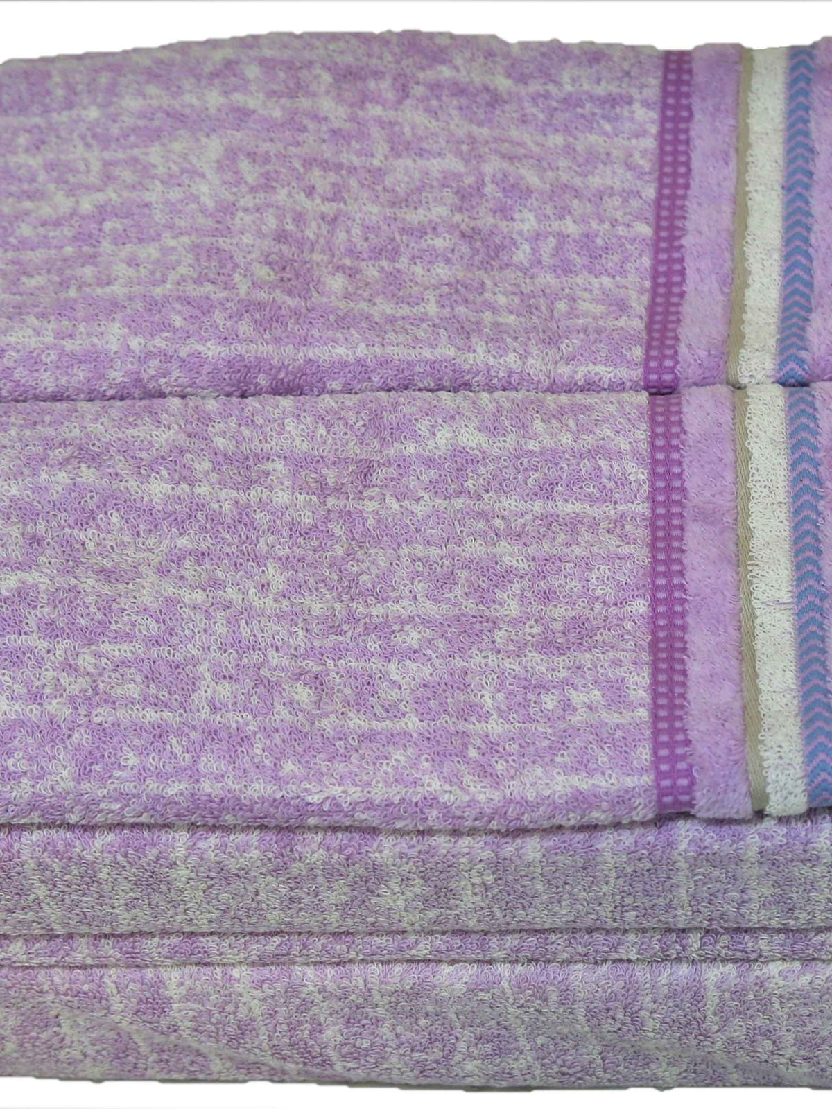 Lavender cotton towel set with a multicolour striped border