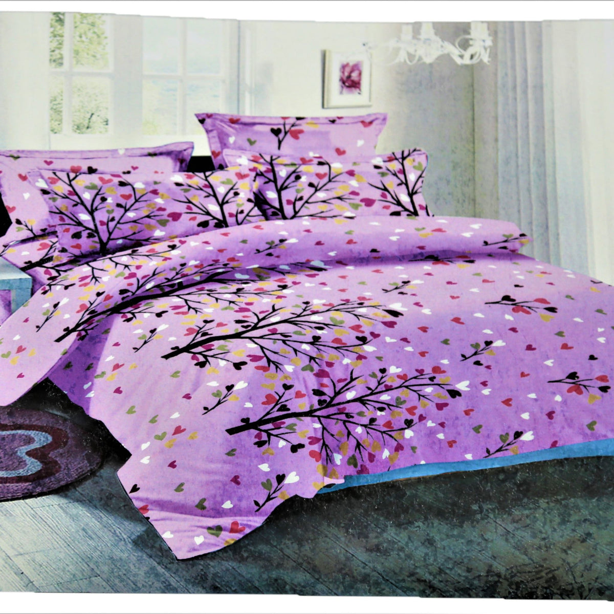 Purple cotton duvet cover with a tree-branch and heart-leaf print