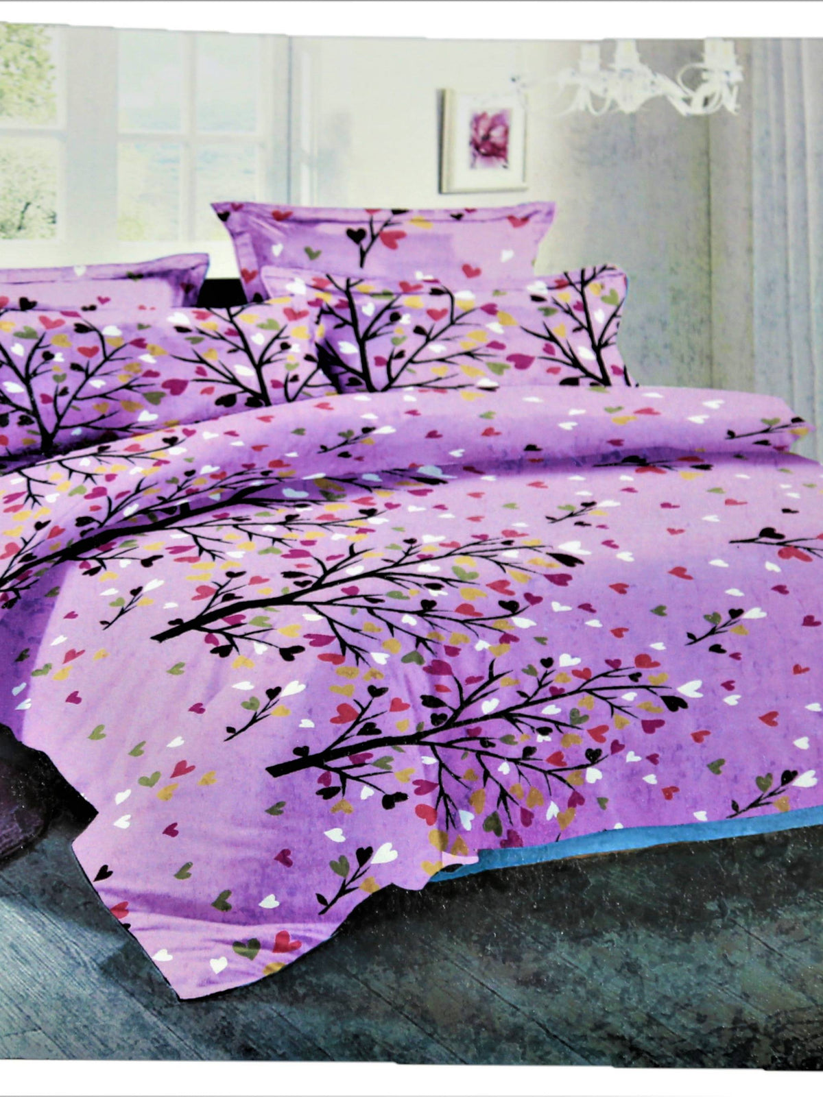 Purple cotton duvet cover with a tree-branch and heart-leaf print