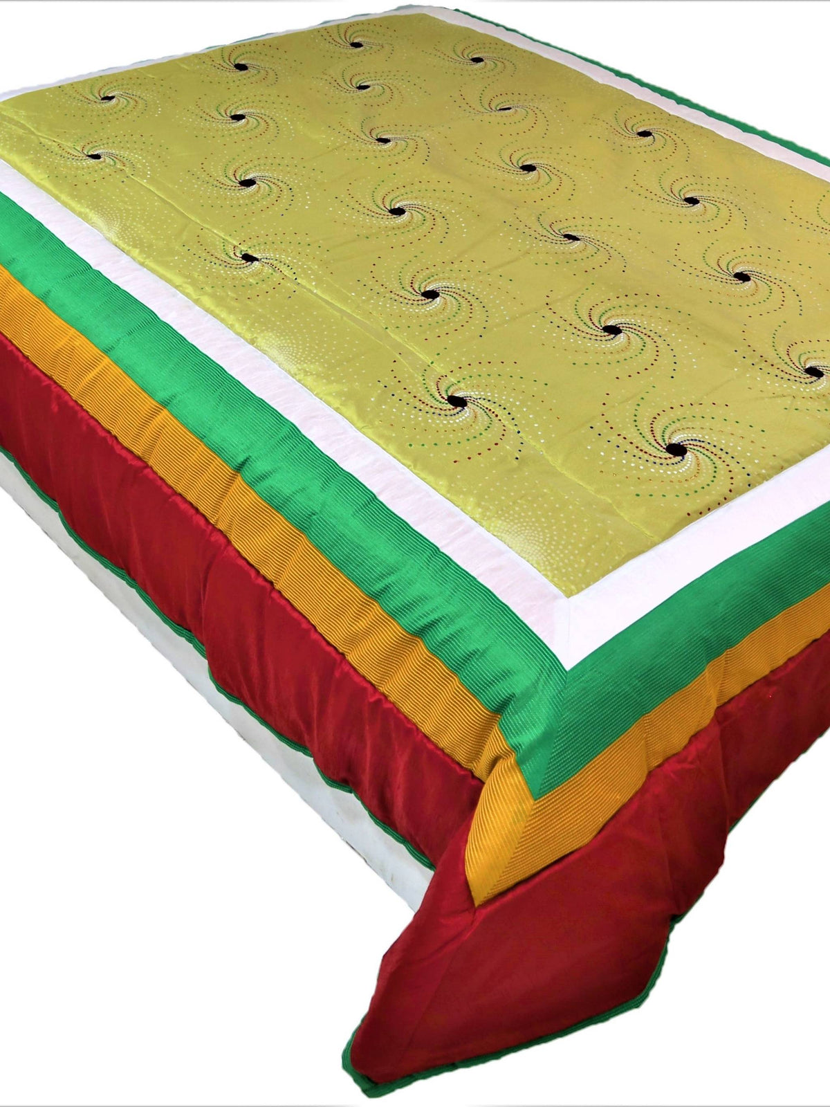 Olive-yellow polycotton double bed quilt with swirl print and red-gold-green border