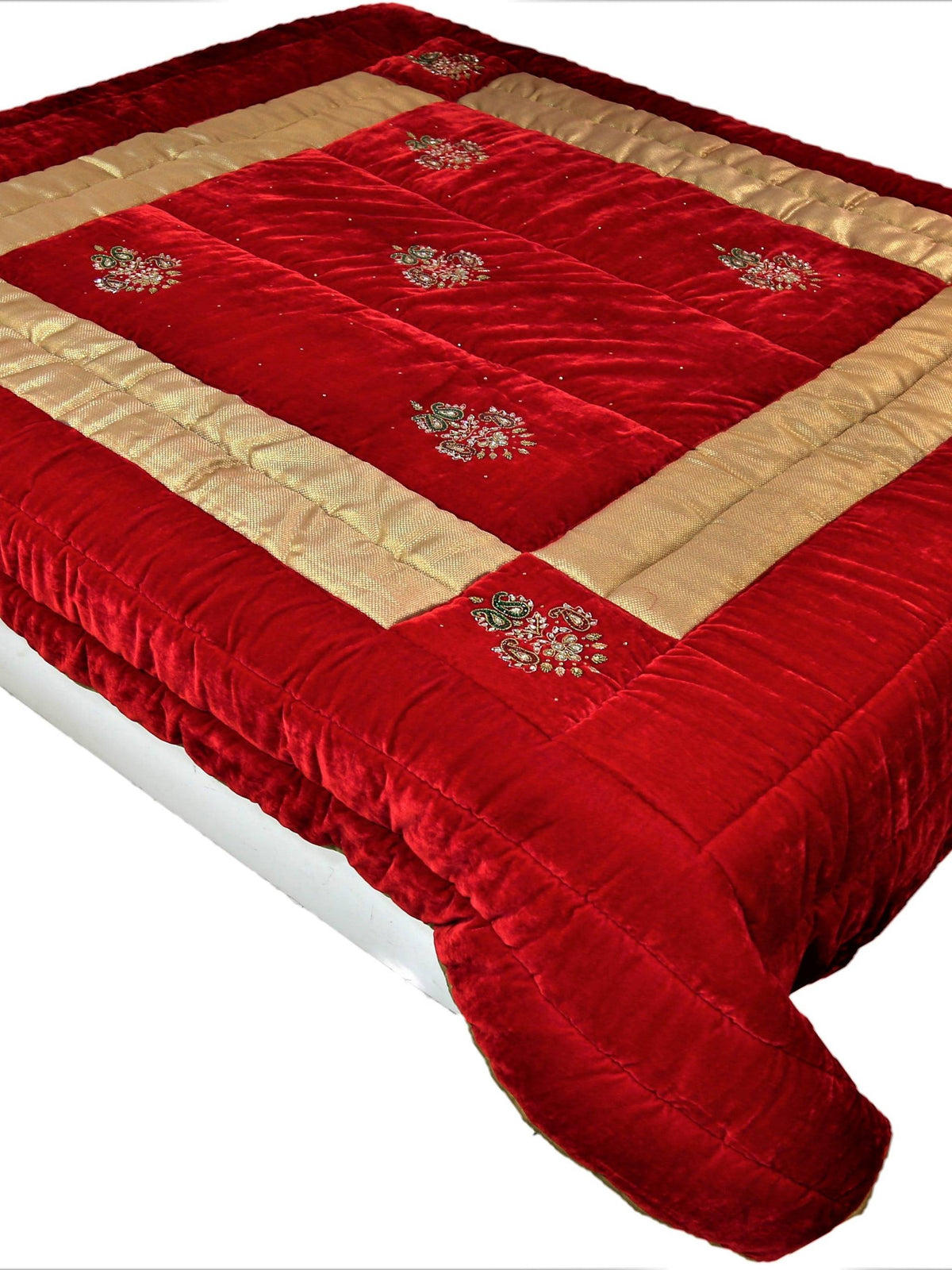 Deep red velvet double bed quilt with floral bead embroidery and gold border