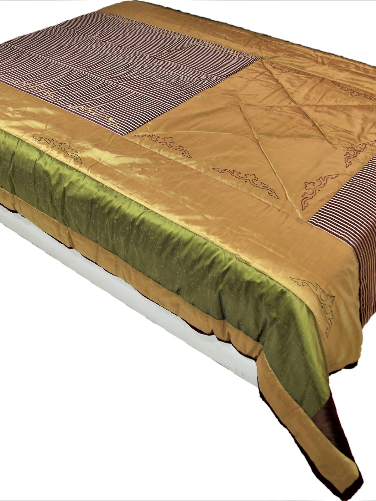 Gold and olive-green polycotton double bed quilt with pinstripe panel and floral embroidery