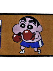 Tan kids play mat with a cartoon boy in blue shorts wearing red boxing gloves, black bound edge, 45x75 cm