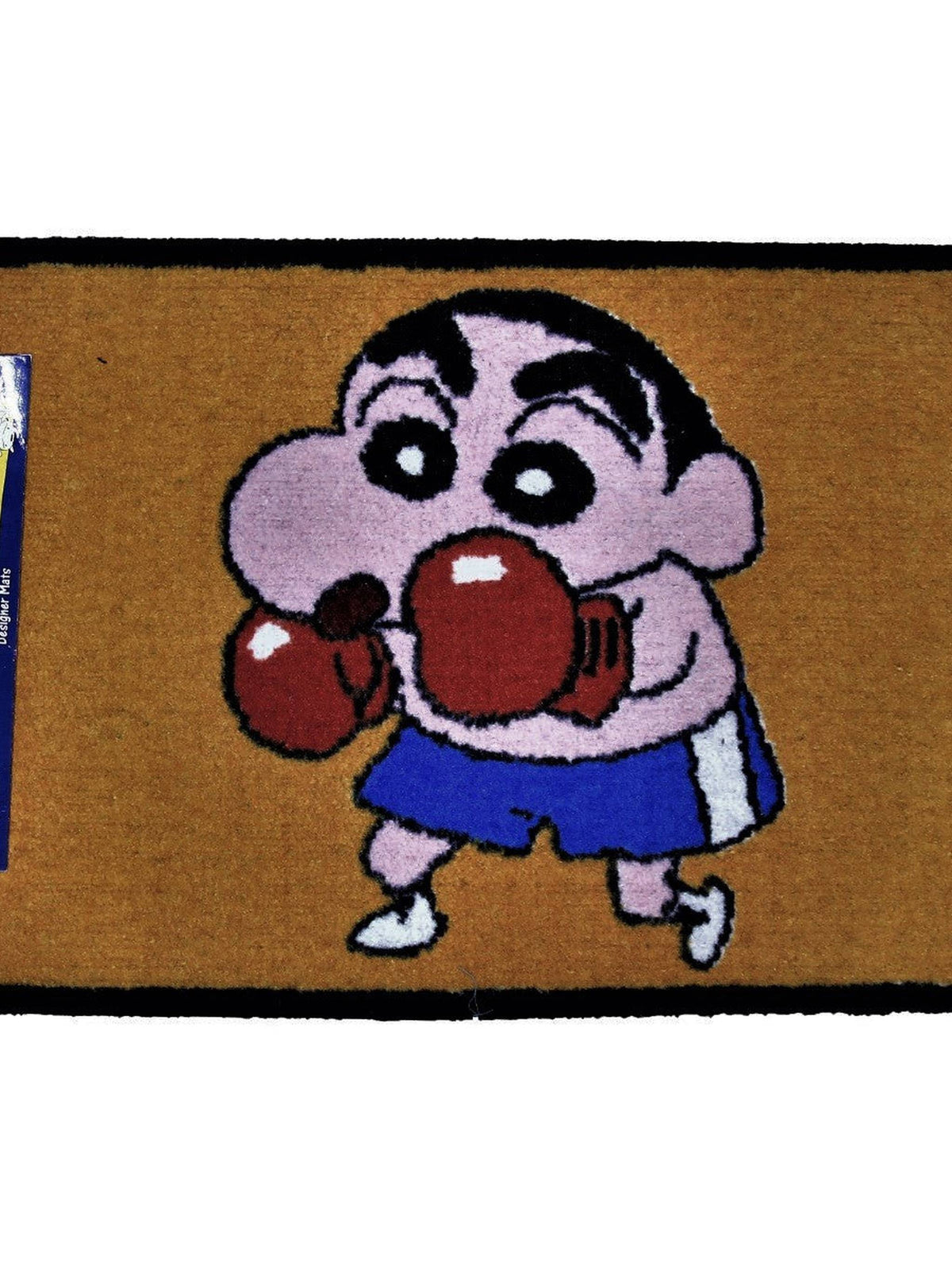 Tan kids play mat with a cartoon boy in blue shorts wearing red boxing gloves, black bound edge, 45x75 cm