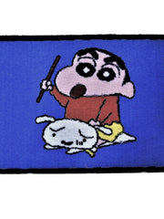 Blue kids play mat with a cartoon boy holding a stick beside a small white dog, 45x75 cm
