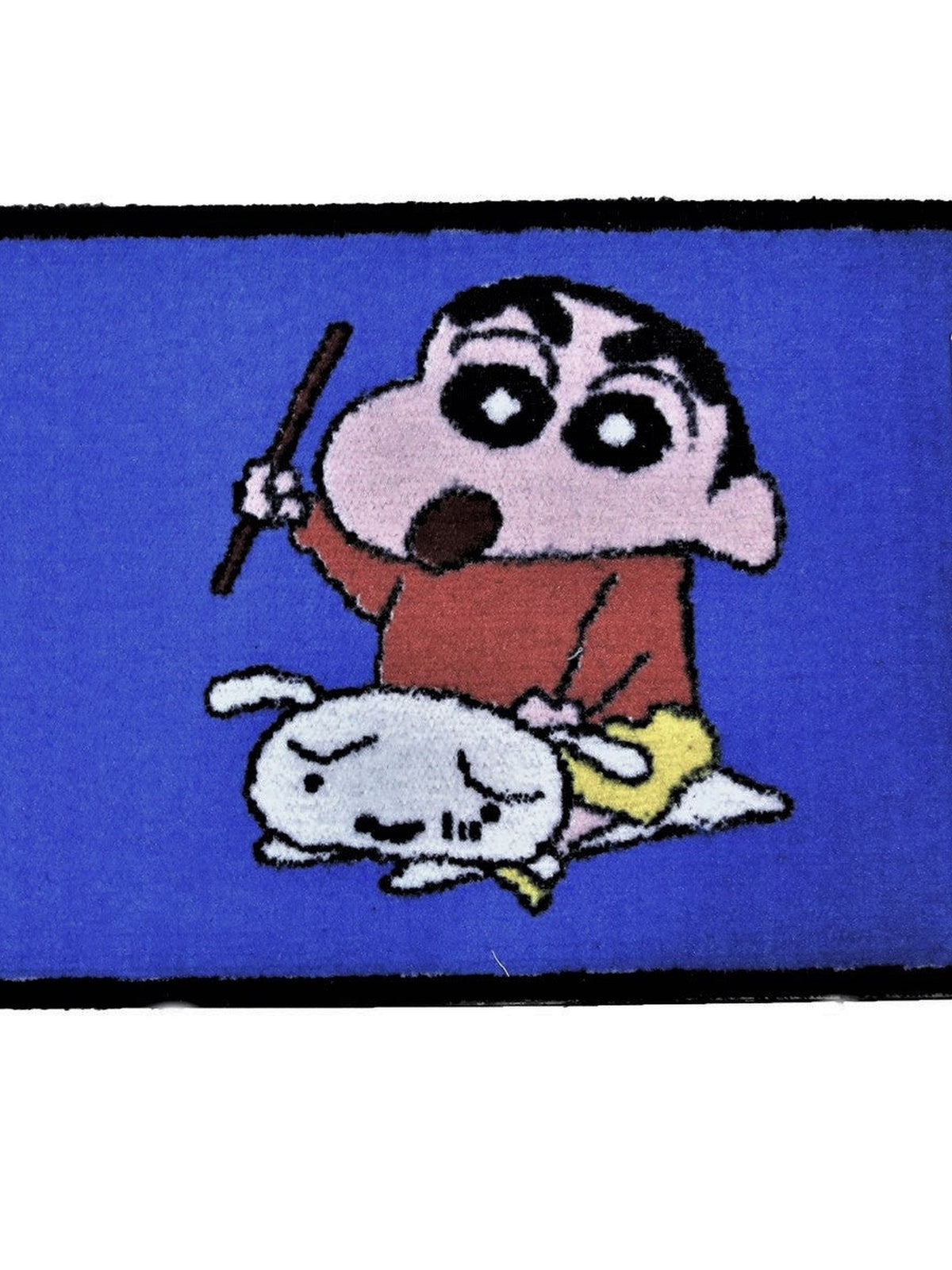 Blue kids play mat with a cartoon boy holding a stick beside a small white dog, 45x75 cm