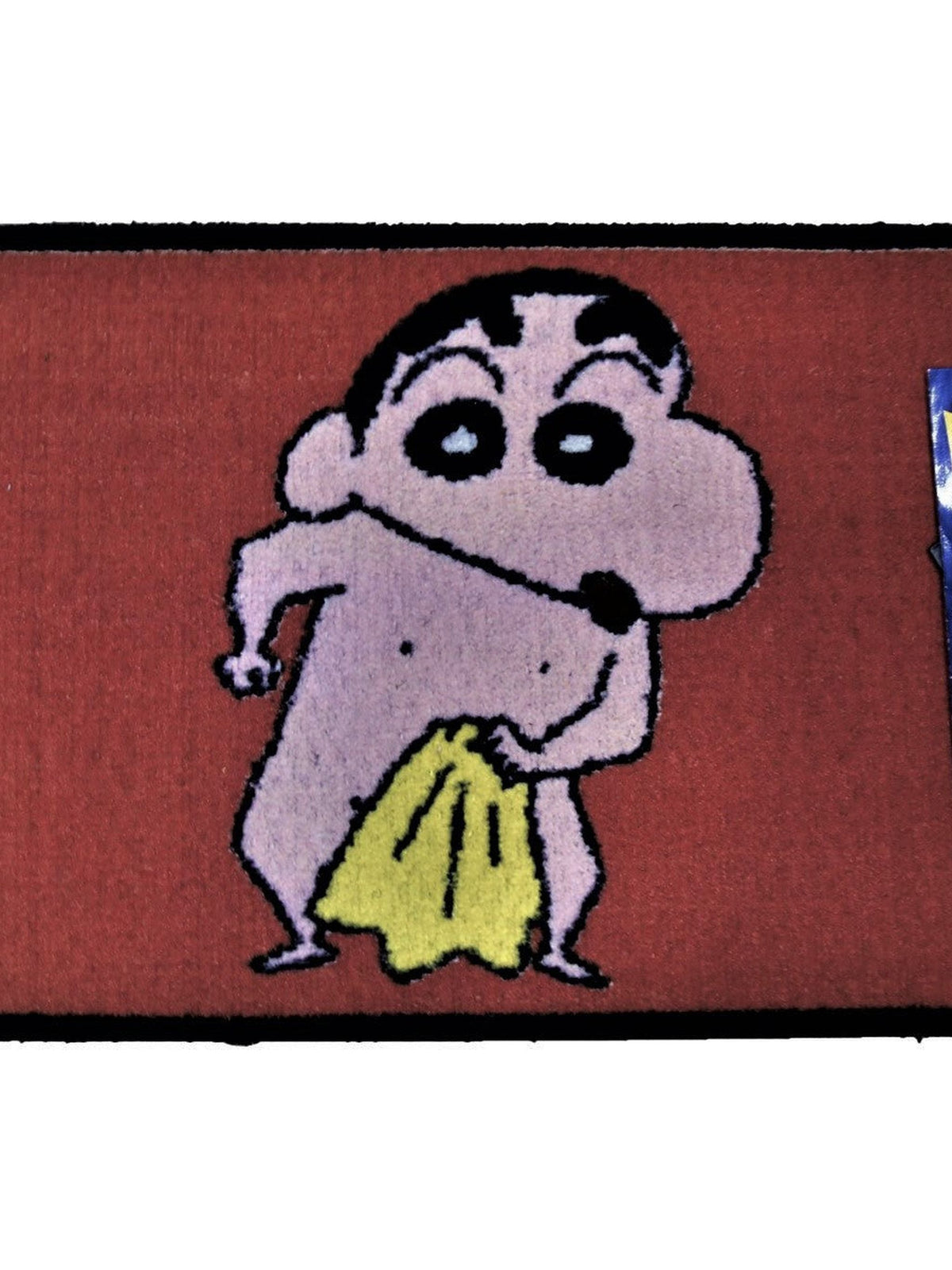 Red kids play mat with a cartoon boy holding a yellow towel, black bound edge, 45x75 cm