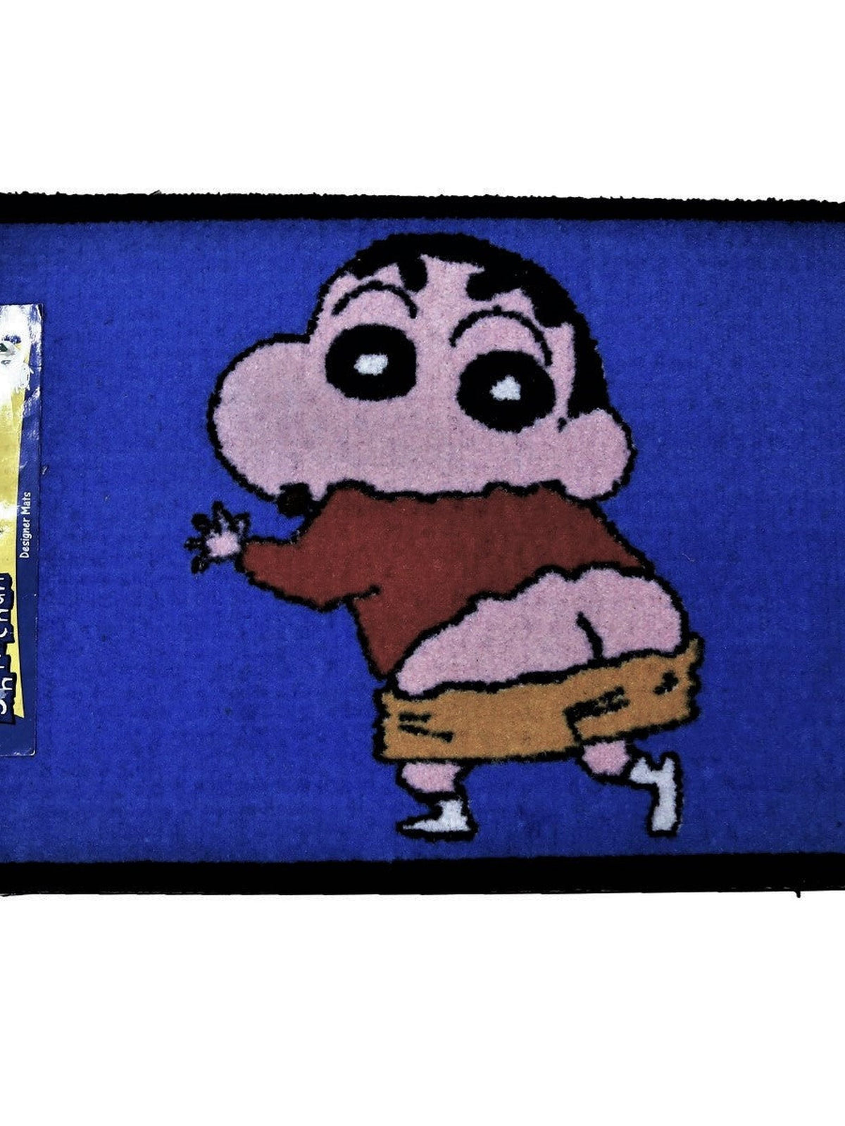 Blue kids play mat with a cartoon boy walking in a red top and tan shorts, black bound edge, 45x75 cm