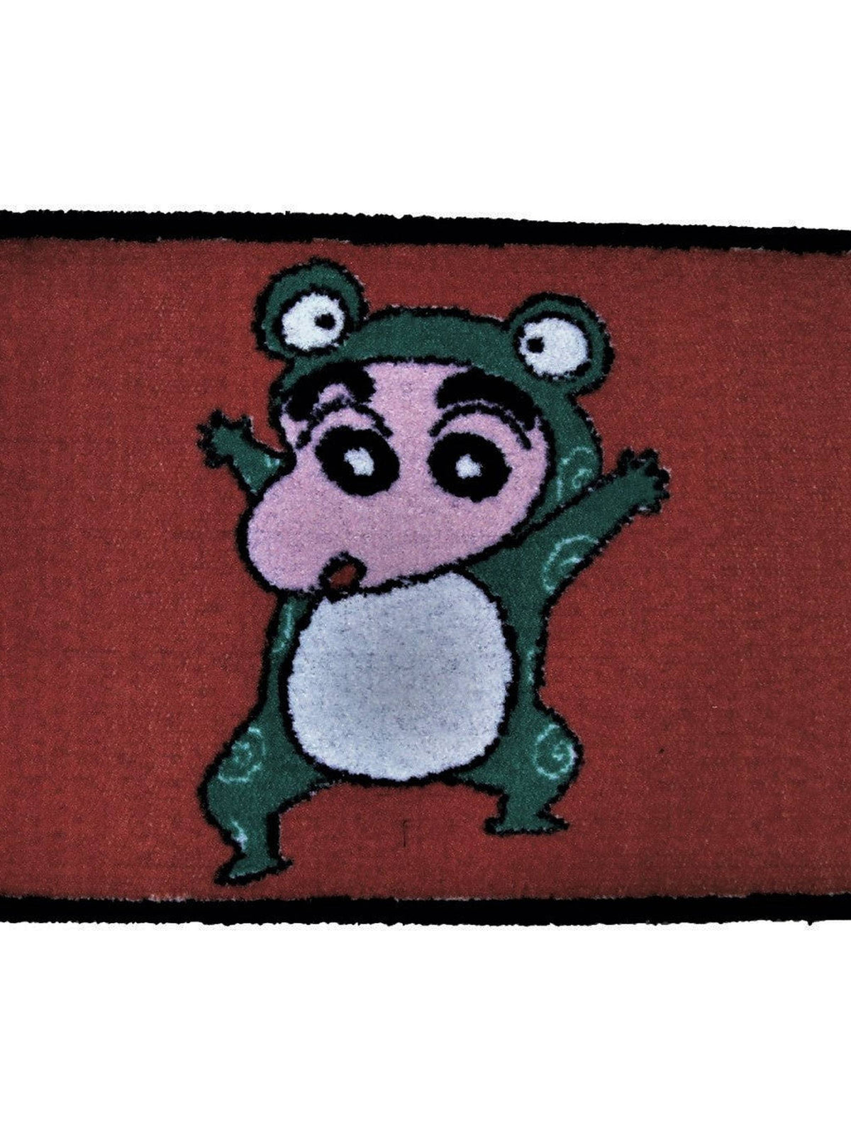 Red kids play mat with a cartoon boy in a green frog costume, black bound edge, 45x75 cm