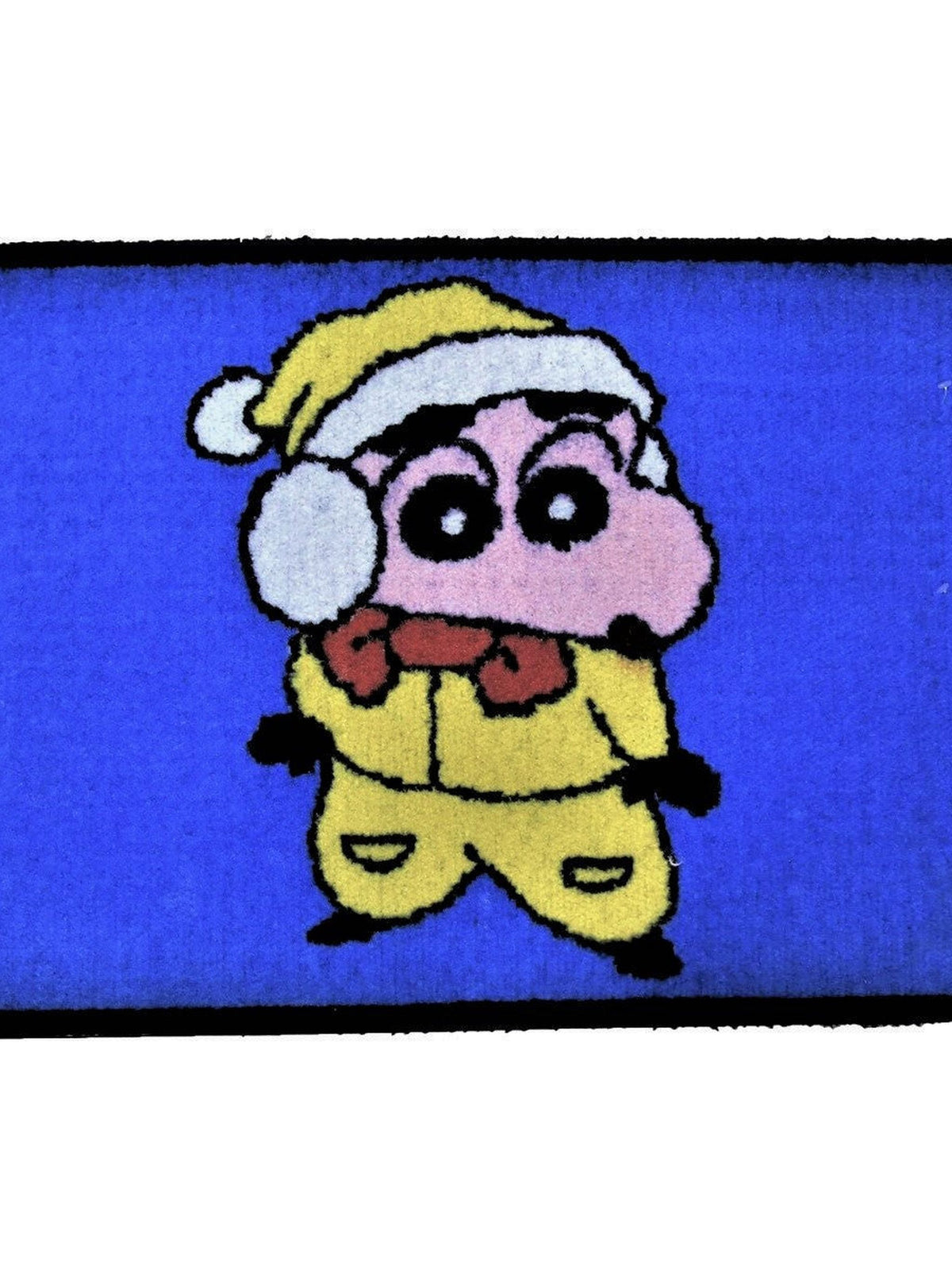 Blue kids play mat with a cartoon boy in a yellow Santa suit and cap with white trim, 45x75 cm