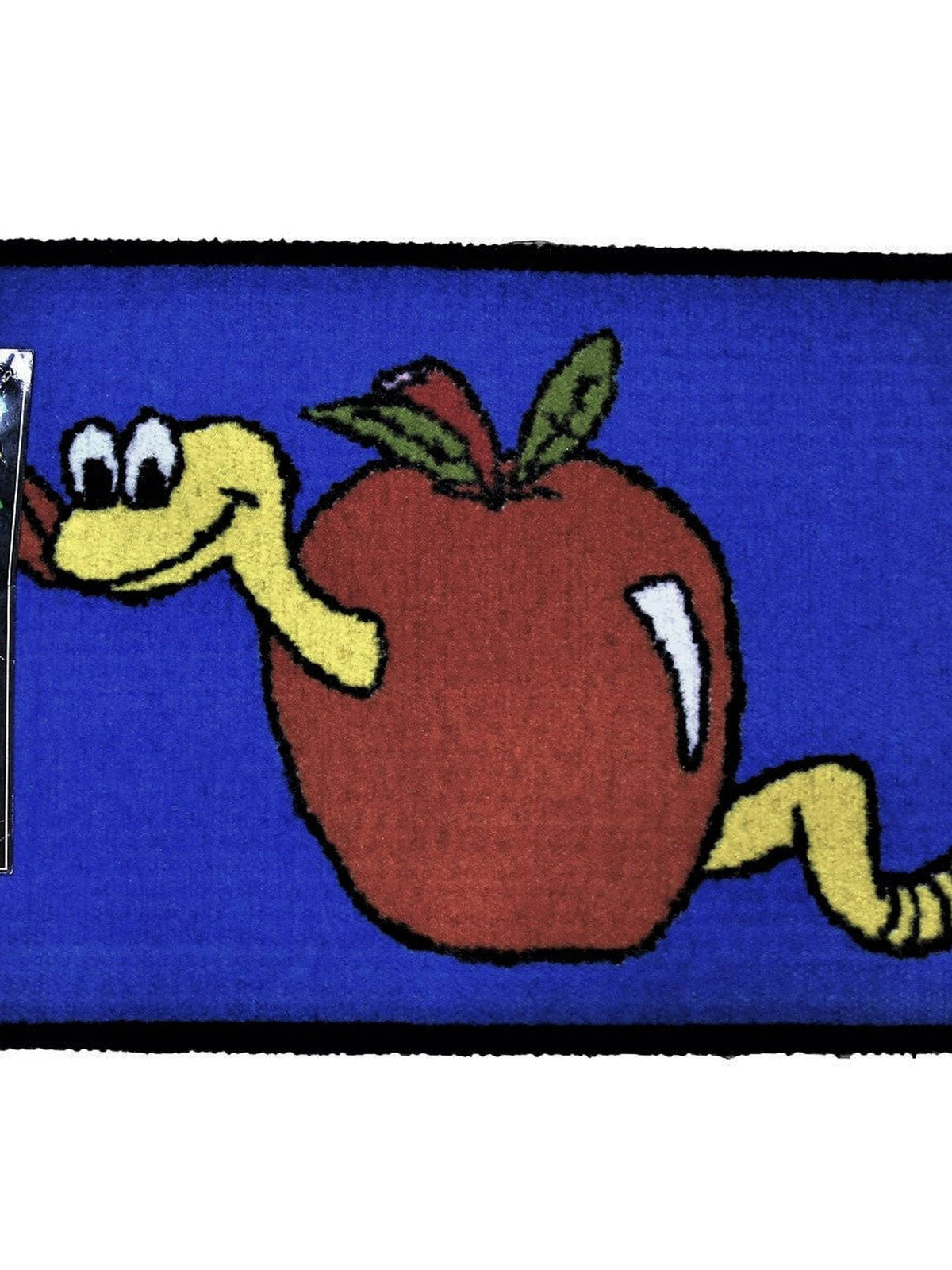 Blue kids play mat with a red apple and a smiling yellow worm, black bound edge, 45x75 cm