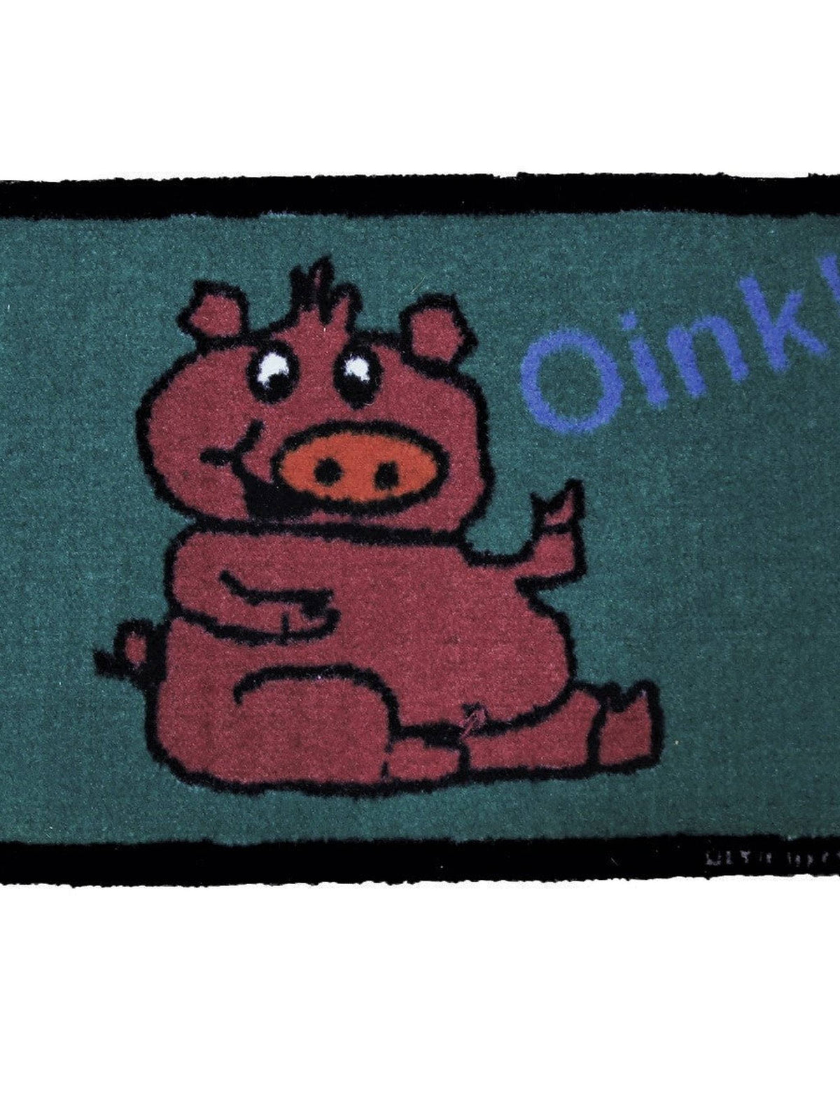 Green kids play mat with a seated cartoon pig and the word Oink in blue, 40x60 cm
