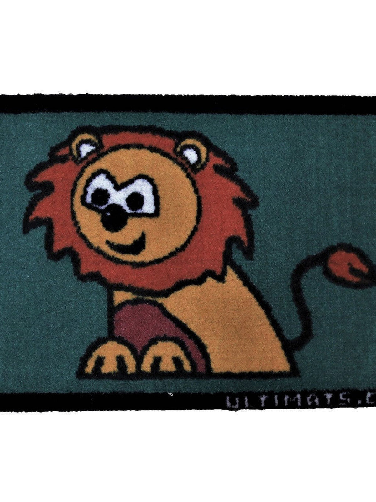 Dark green kids play mat with a seated cartoon lion with a russet mane, black bound edge, 40x60 cm