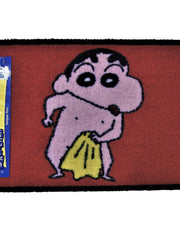 Red kids play mat with a cartoon boy holding a yellow towel, black bound edge, 40x60 cm