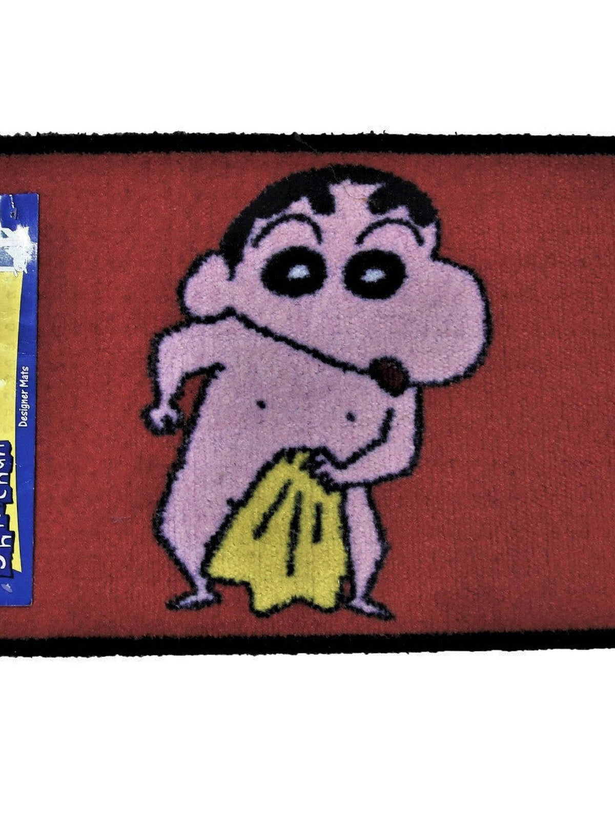Red kids play mat with a cartoon boy holding a yellow towel, black bound edge, 40x60 cm