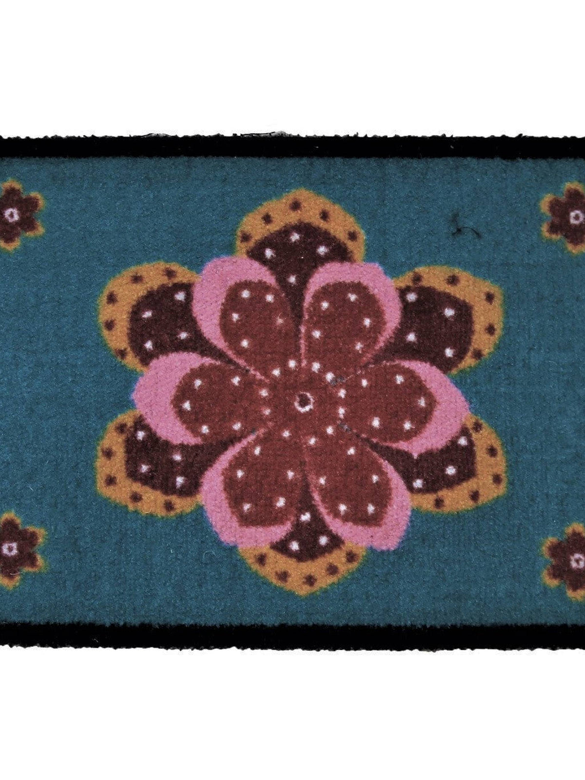 Teal kids play mat with a pink, brown and gold mandala flower and small corner flowers, 40x60 cm