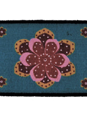 Teal kids play mat with a pink, brown and gold mandala flower and small corner flowers, 40x60 cm
