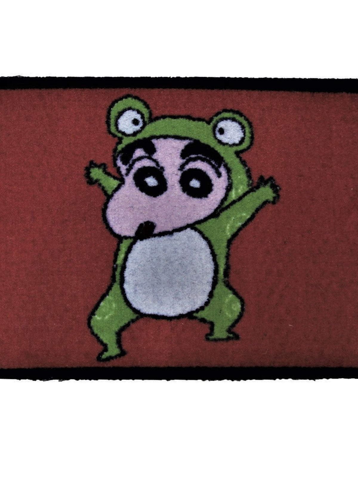 Red kids play mat with a cartoon boy in a green frog costume, black bound edge, 40x60 cm