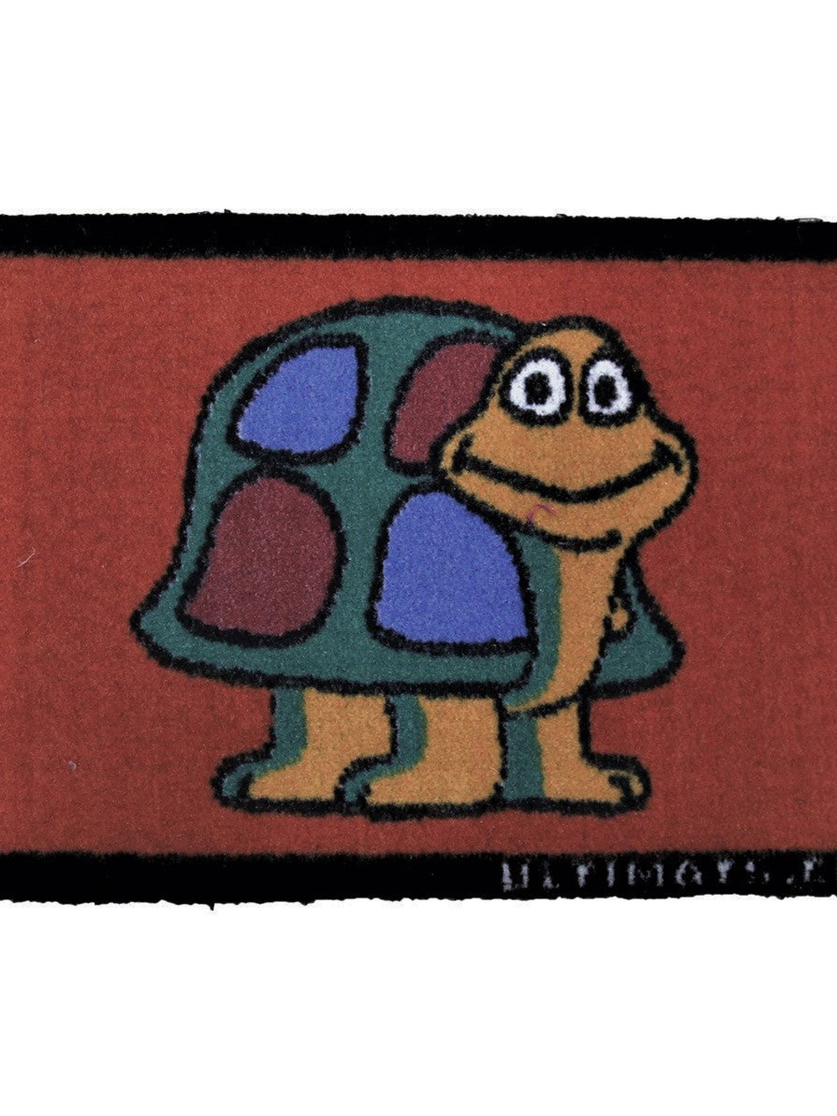 Red kids play mat with a cartoon turtle with a blue and purple patterned shell, 40x60 cm