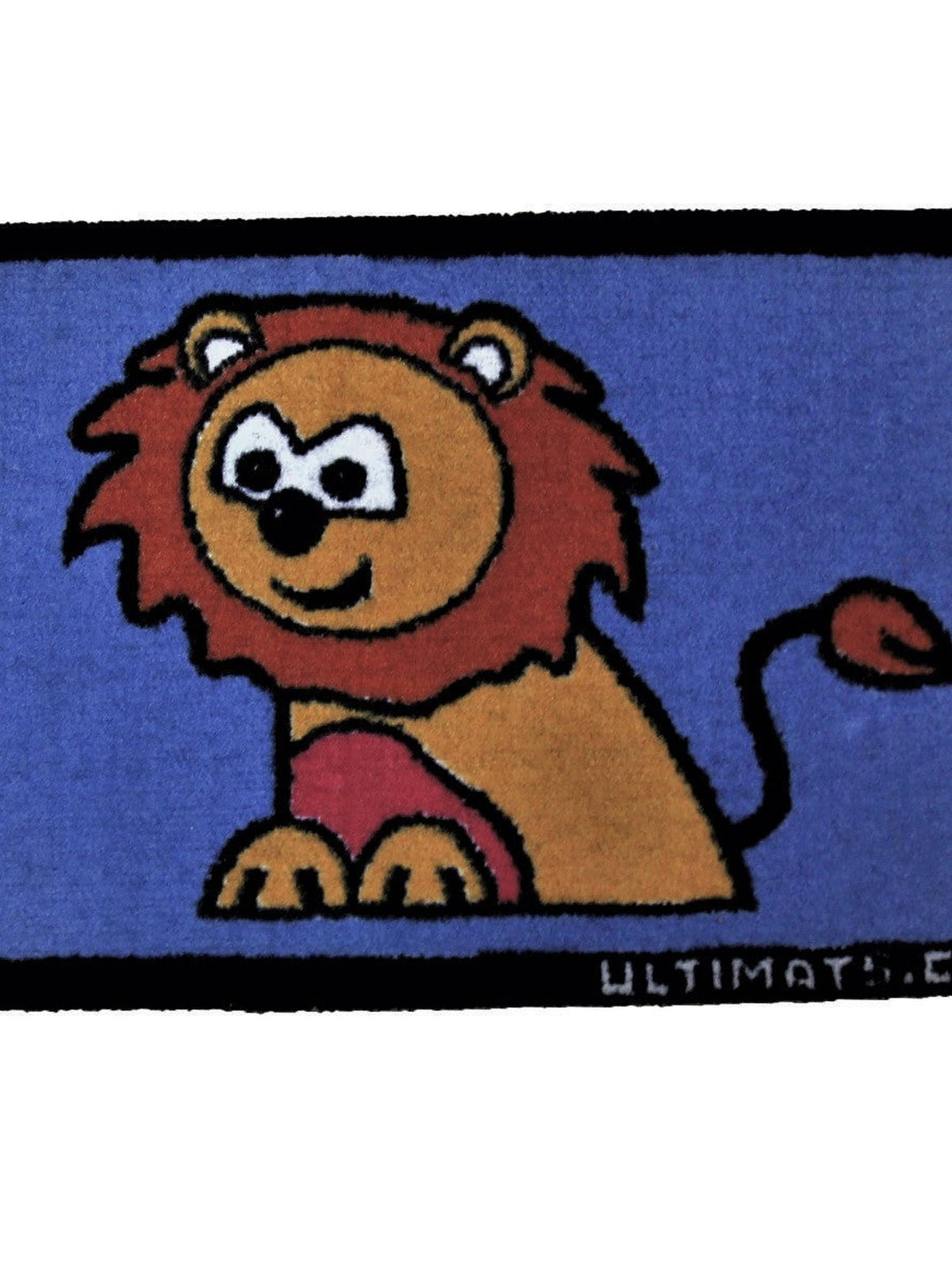 Blue kids play mat with a seated cartoon lion with a russet mane, black bound edge, 40x60 cm