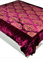 Magenta chenille quilt with gold foil damask print and maroon-purple border