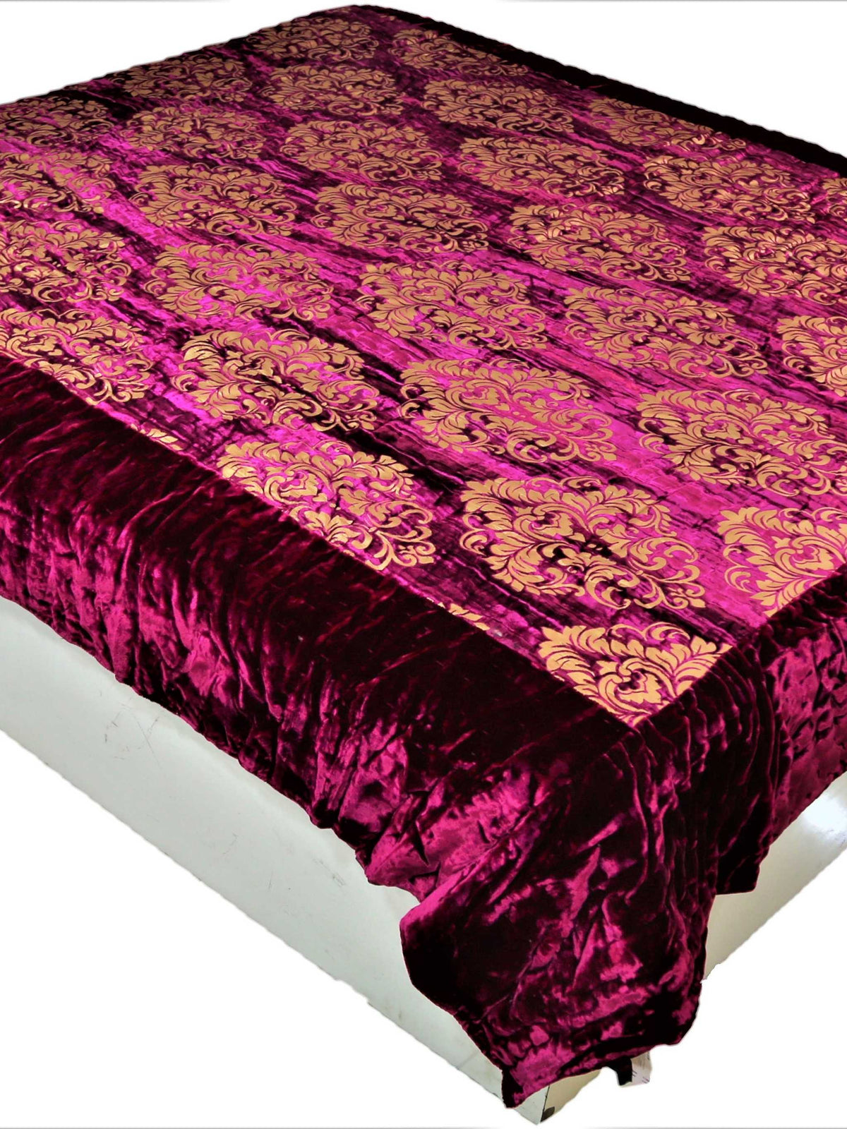 Magenta chenille quilt with gold foil damask print and maroon-purple border