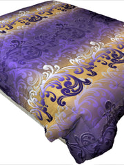 Purple cotton double bed quilt with gold and white scroll damask print