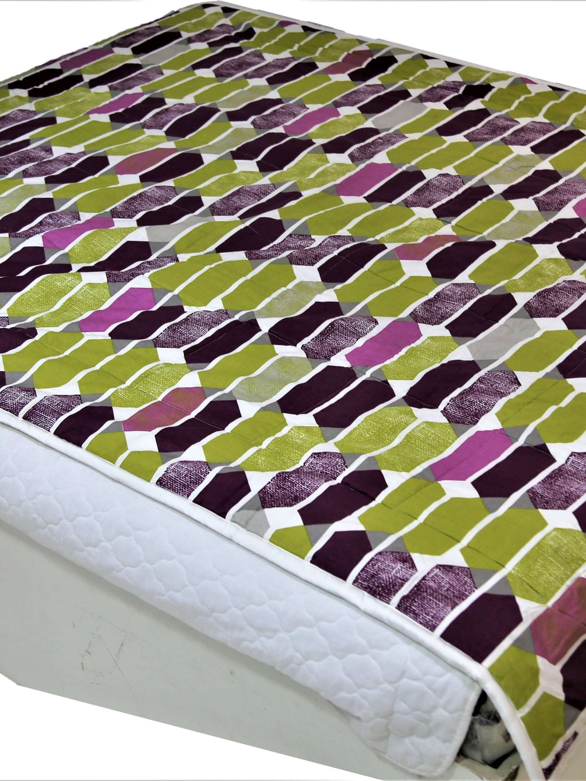 Olive-green and purple cotton single bed quilt with geometric hexagon print