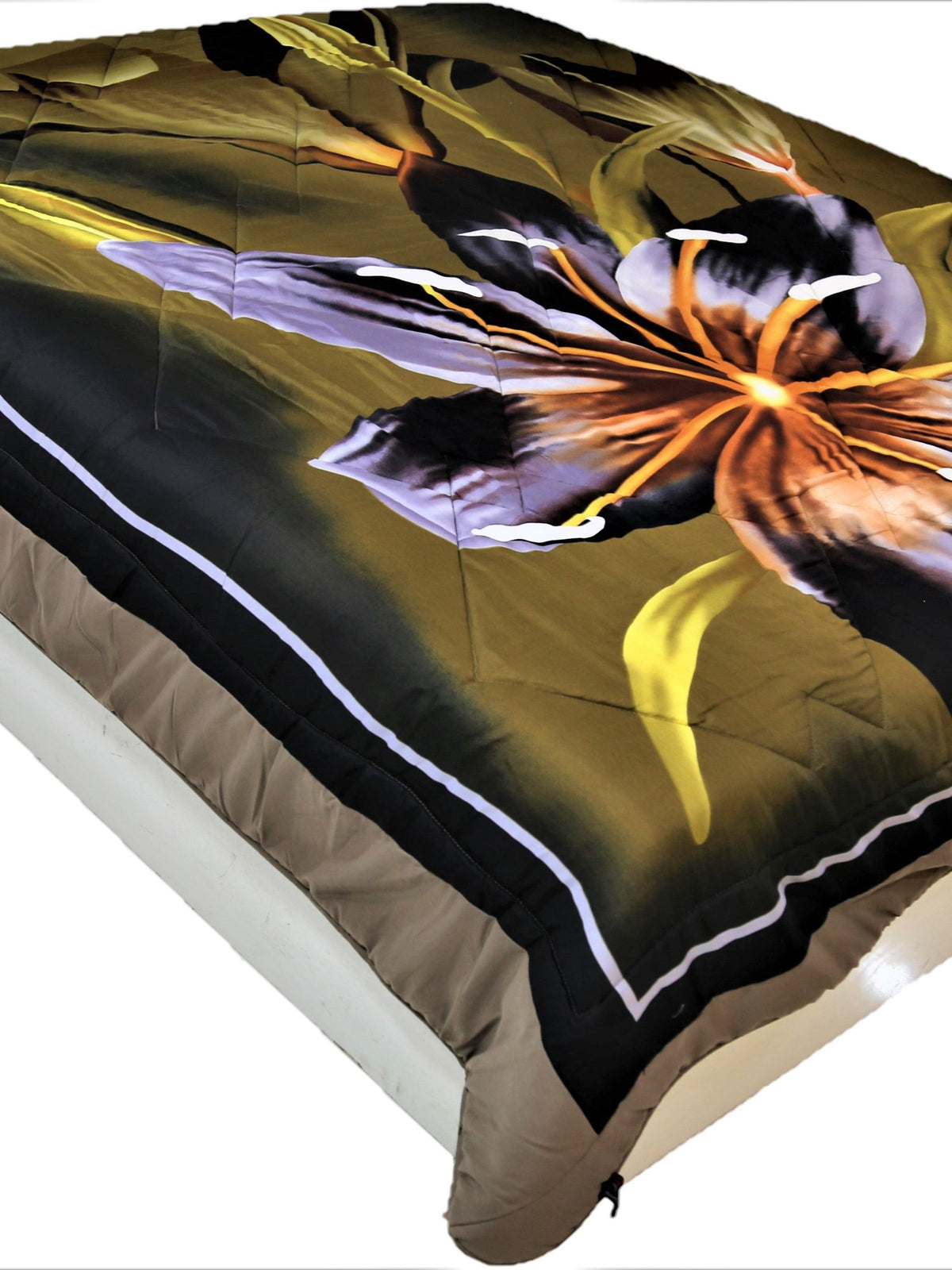 Olive-black cotton blend AC quilt with a large lily flower print