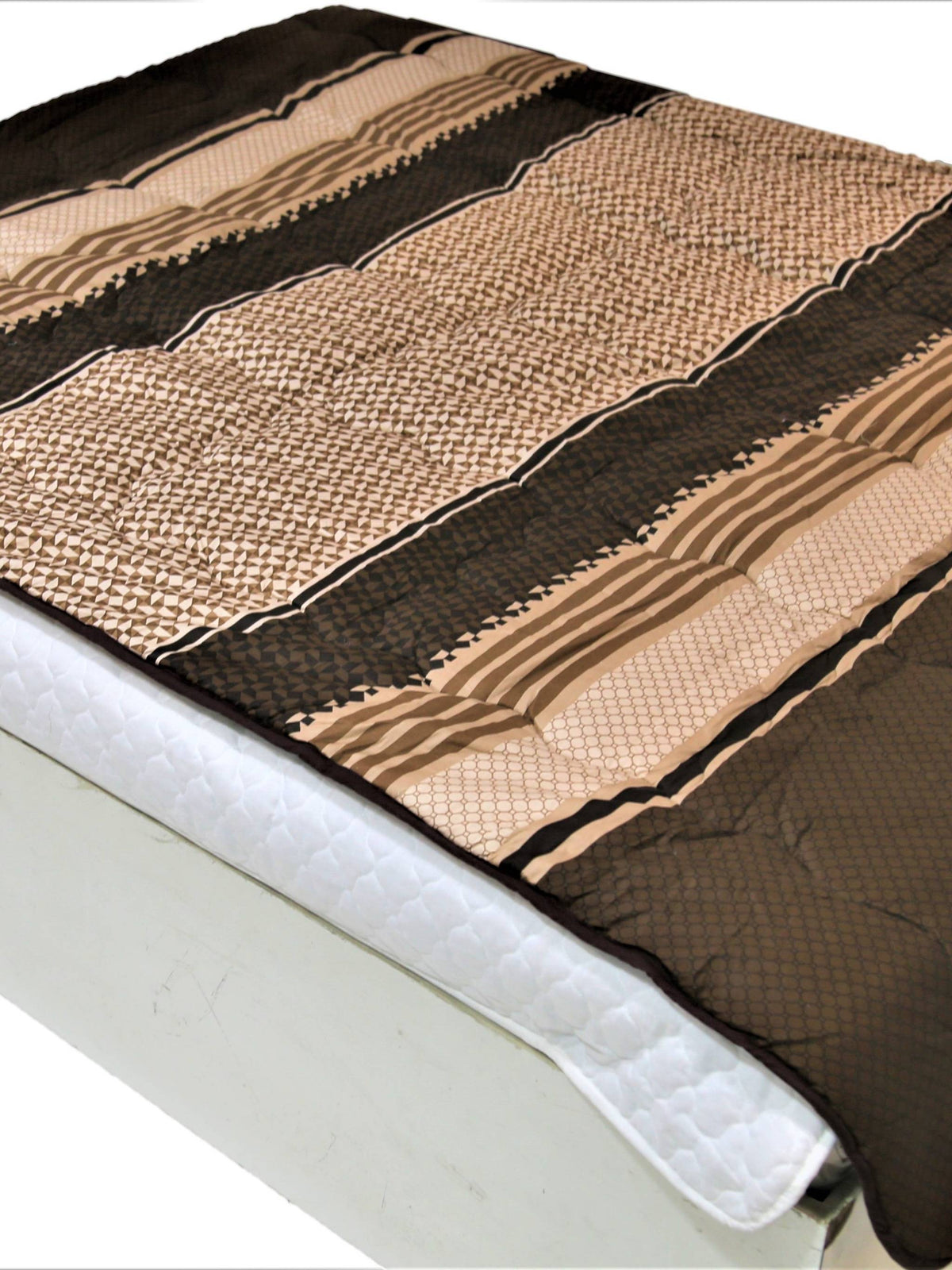 Dark brown and beige cotton single bed quilt with woven-look striped print