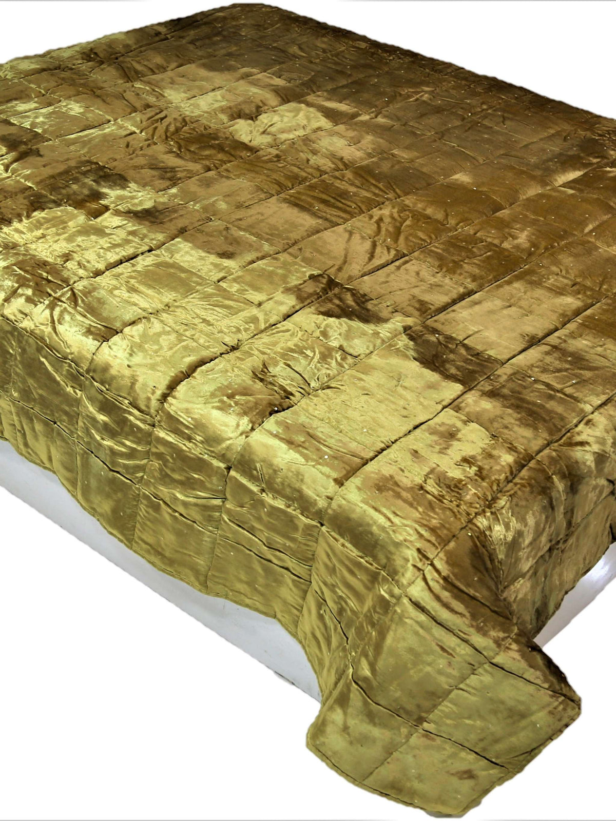 Golden chenille double bed quilt with a block-quilted plain finish