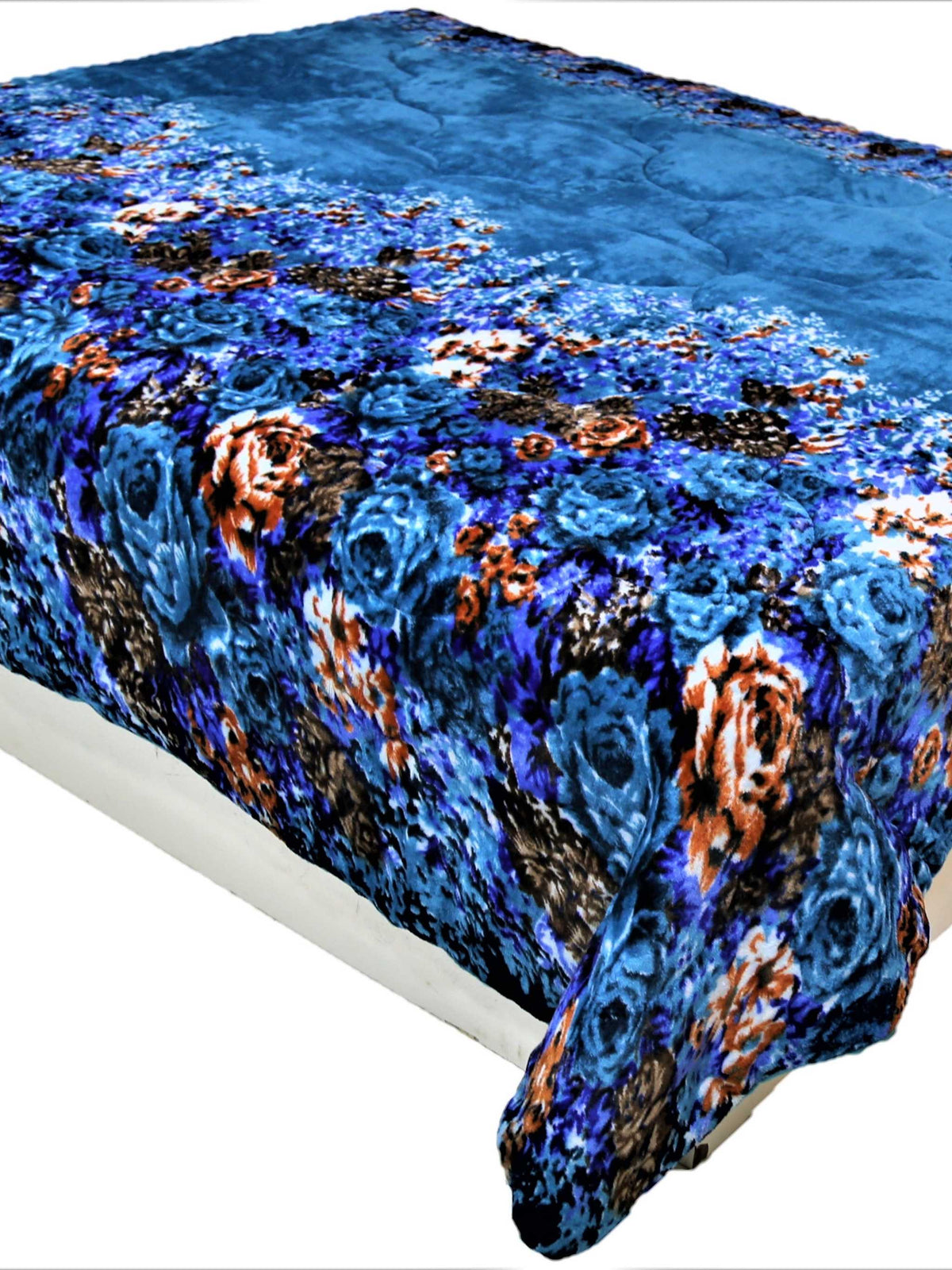 Deep blue blanket-weight quilt with rose floral print and rust-brown accents