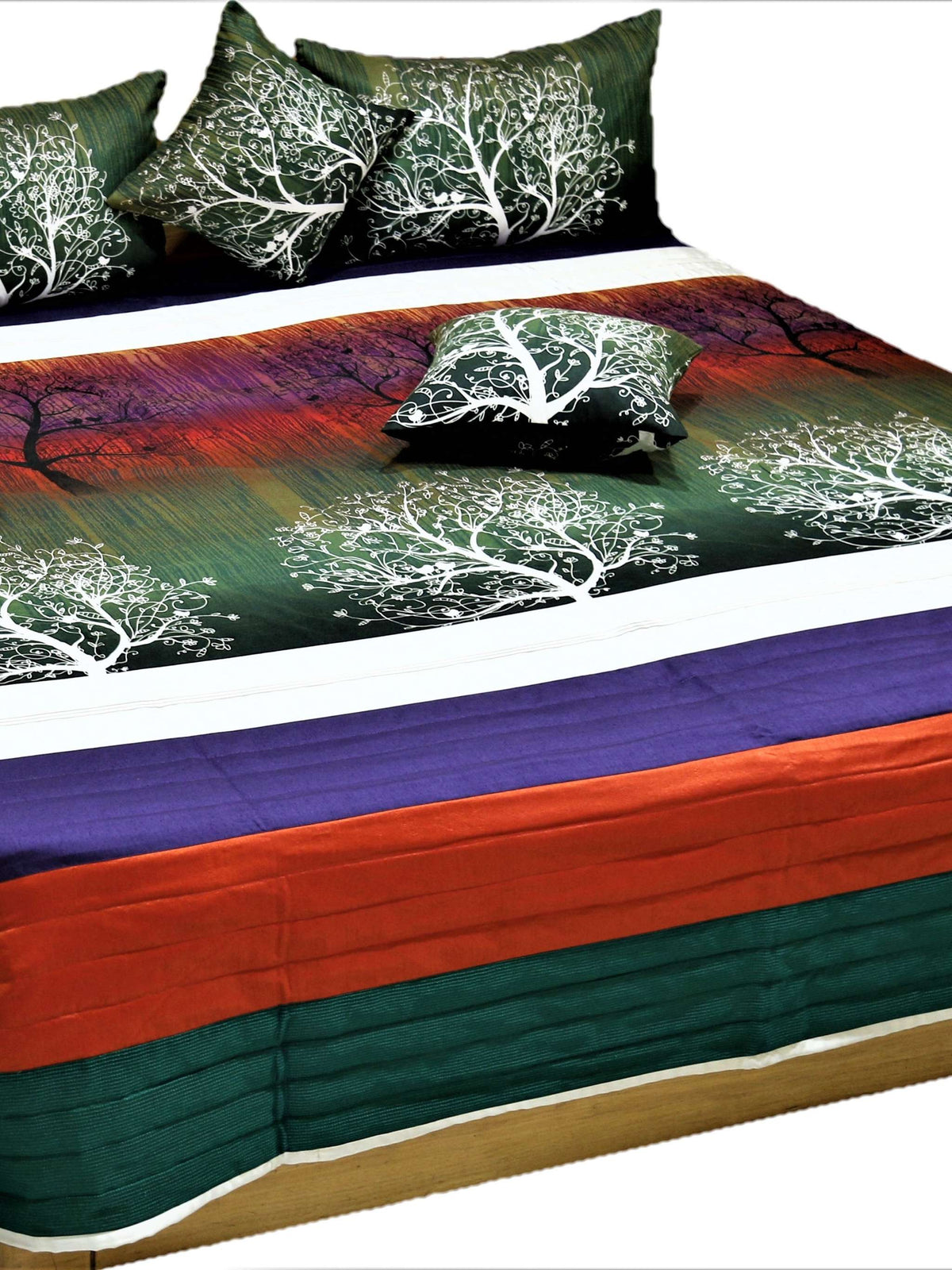 Sunset ombre cotton bedcover printed with white tree of life, purple and rust pleated borders