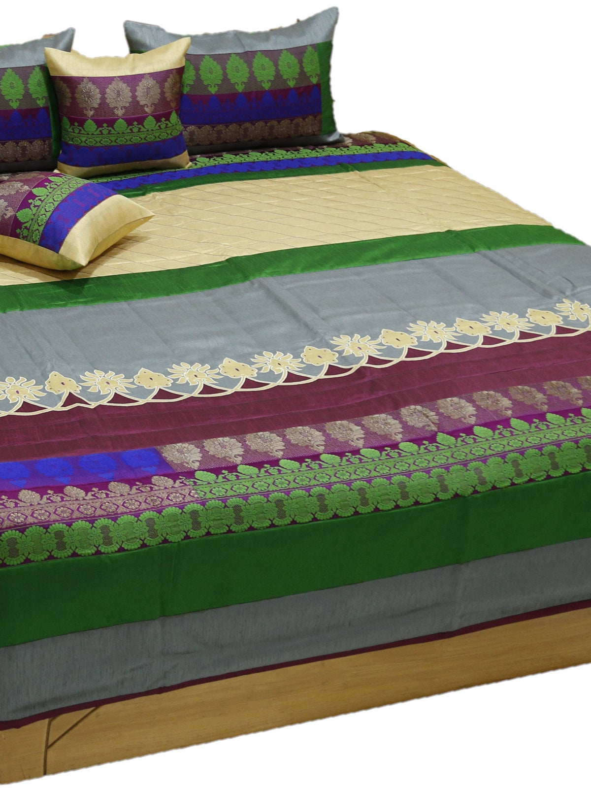 Banarasi brocade panel bedcover in grey, green and magenta with cream cutwork scallop