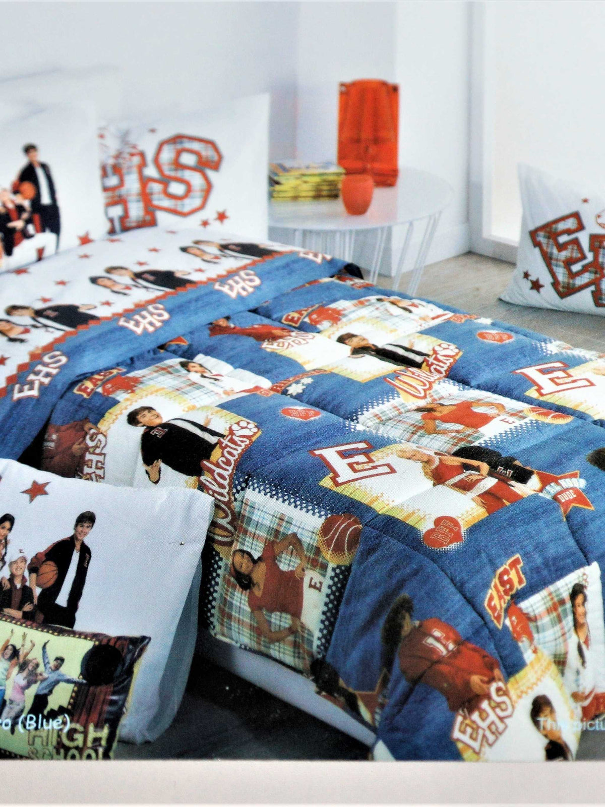 Denim-blue High School Musical Wildcats printed bedsheet set with matching pillow cover, for a kids' bed