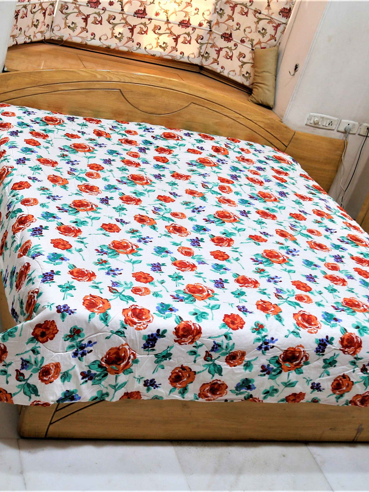 White cotton AC quilt with a red rose print