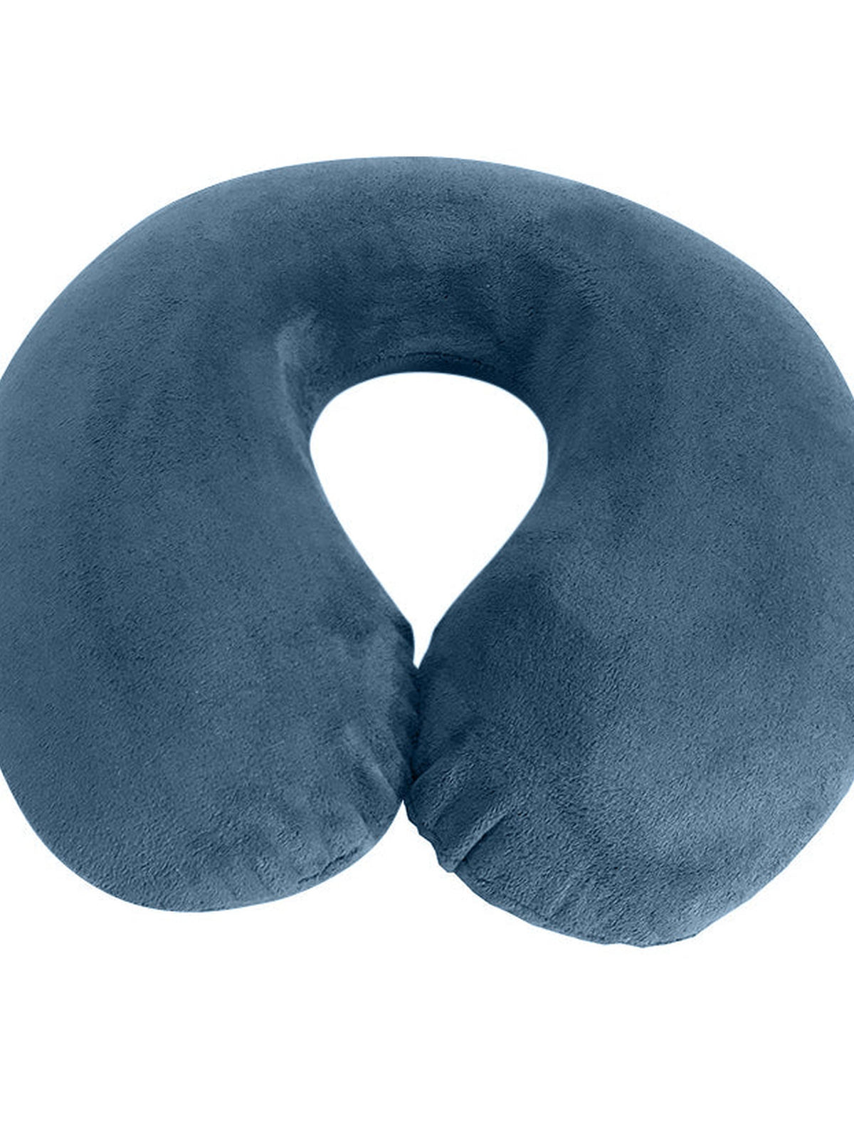 Grey U-shaped memory foam travel neck pillow in soft velour, top-down view