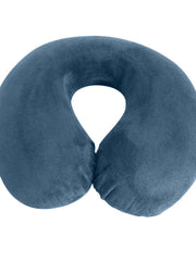 Grey U-shaped memory foam travel neck pillow in soft velour, top-down view