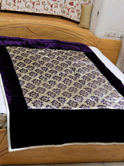 Deep purple chenille single bed quilt with gold floral diamond-lattice print