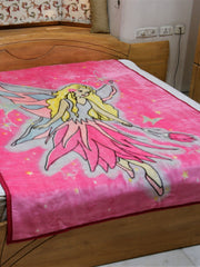 Hot-pink blanket with a printed fairy angel illustration in a flowing pink dress with wings, stars, and butterflies, spread on a bed